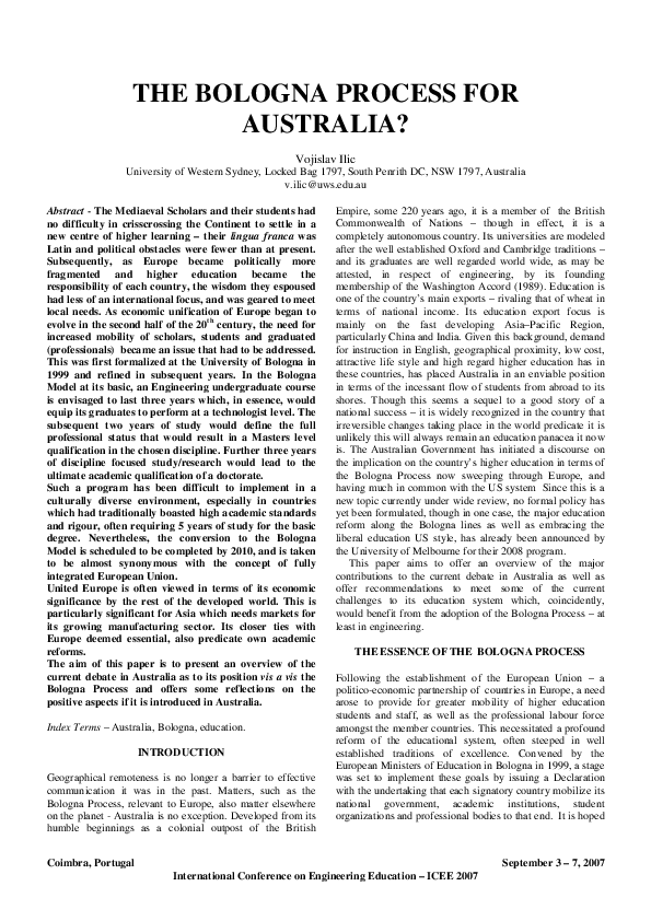 (PDF) THE BOLOGNA PROCESS FOR AUSTRALIA Vojislav Ilic Academia.edu