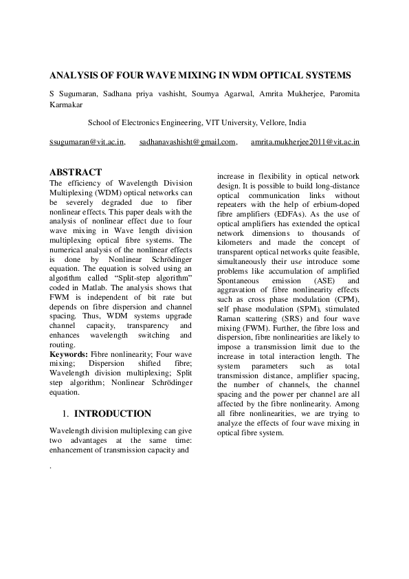 (DOC) Analysis of Four Wave Mixing in WDM Optical Sysytems