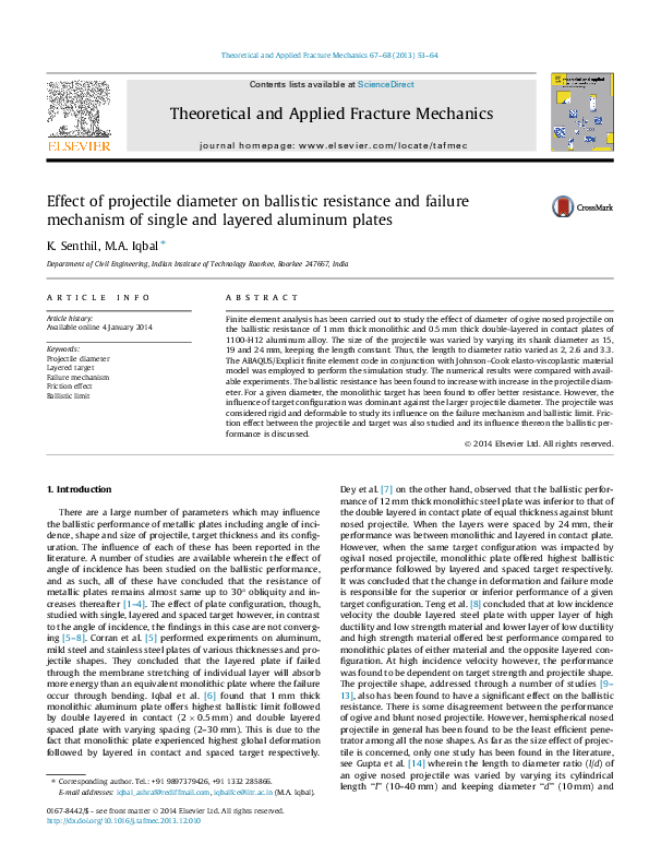 (PDF) Effect of projectile diameter on ballistic resistance and failure ...