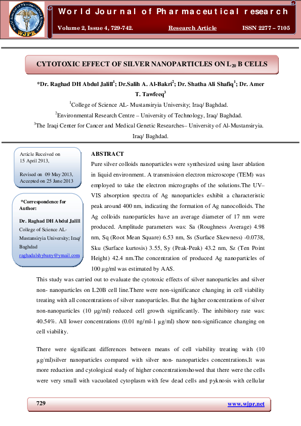 (PDF) CYTOTOXIC EFFECT OF SILVER NANOPARTICLES ON L 20 B CELLS