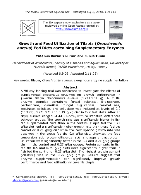 (PDF) Growth and Feed Utilization of Tilapia (Oreochromis aureus) Fed ...