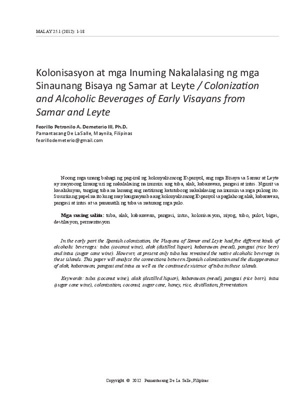 (PDF) Kolonisasyon at mga Inuming Nakalalasing ng mga Sinaunang Bisaya ...