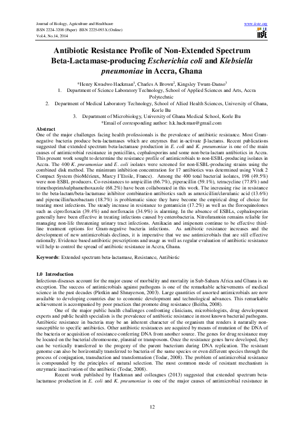 (PDF) Antibiotic Resistance Profile of Non-Extended-Spectrum Beta ...