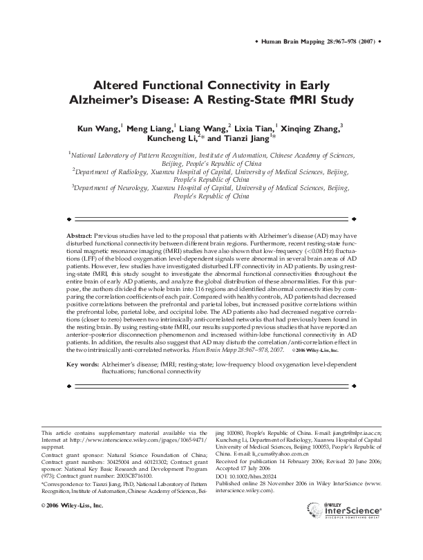 (PDF) Altered functional connectivity in early Alzheimer's disease: A ...