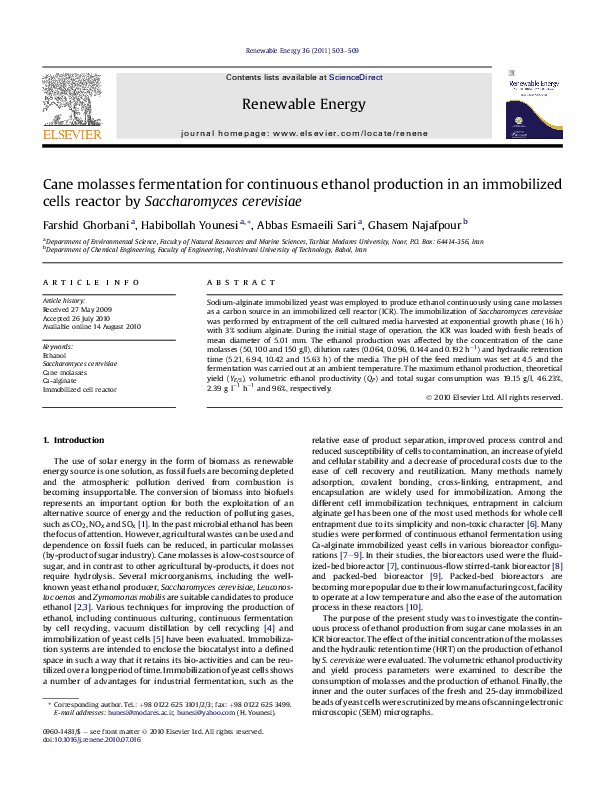 (PDF) Cane molasses fermentation for continuous ethanol production in ...