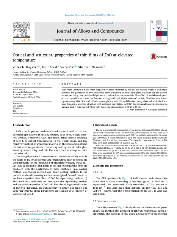 (PDF) Optical and structural properties of thin films of ZnO at ...