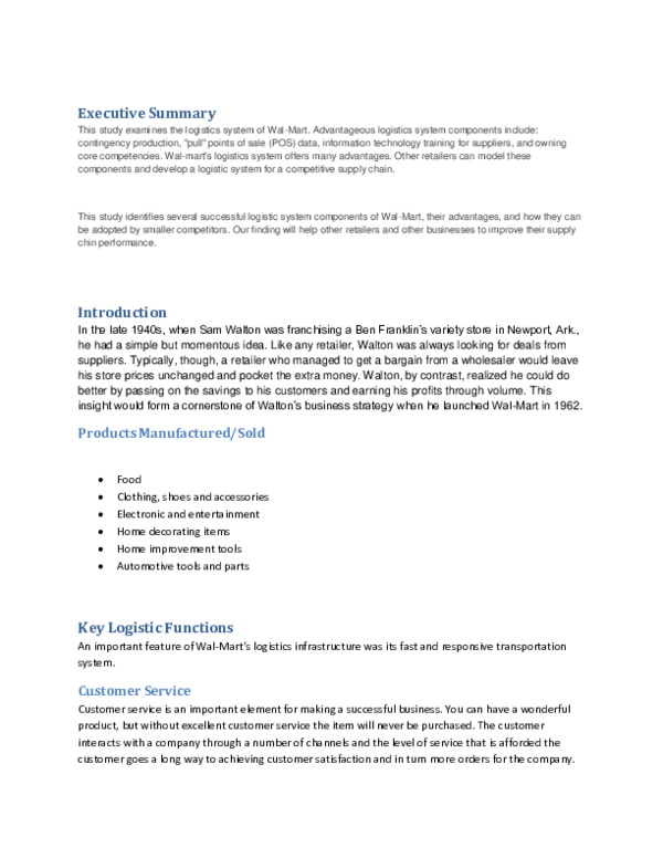 (DOC) Executive Summary This study examines the logistics system of Wal