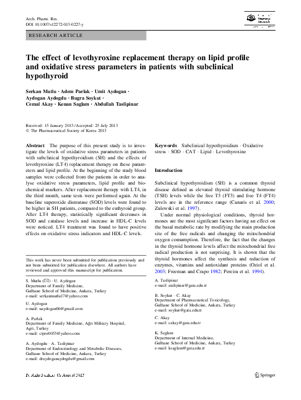 (PDF) The effect of levothyroxine replacement therapy on lipid profile ...