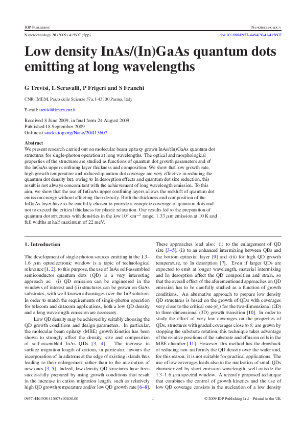 (PDF) Low density InAs/(In)GaAs quantum dots emitting at long wavelengths