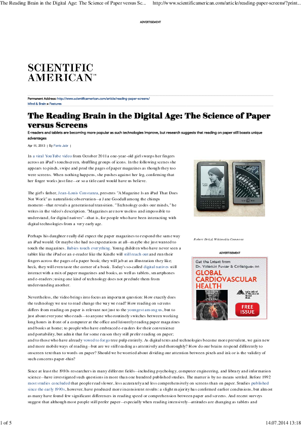 (PDF) The Reading Brain in the Digital Age The Science of Paper versus