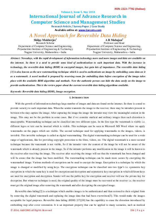 (PDF) A Novel Approach for Reversible Data Hiding