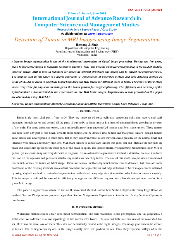 (PDF) Detection of Tumor in MRI Images using Image Segmentation