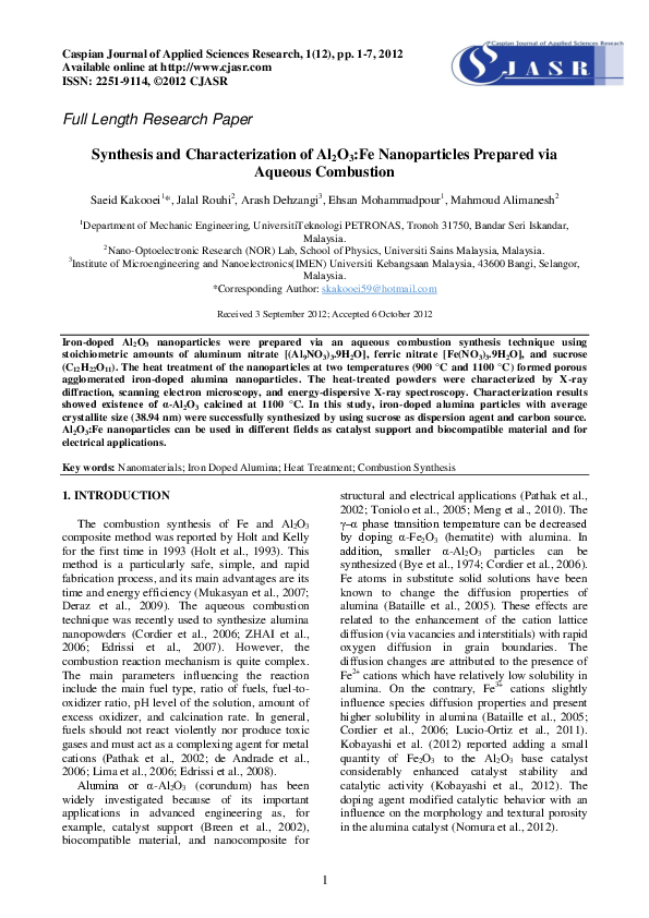 (PDF) Synthesis and Characterization of Al 2 O 3 :Fe Nanoparticles ...