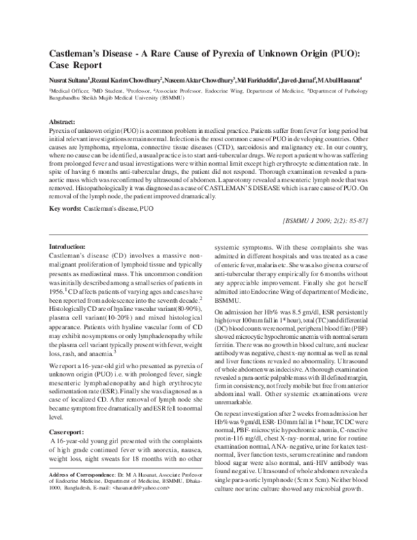 (PDF) Castleman's Disease A Rare Cause of Pyrexia of Unknown Origin