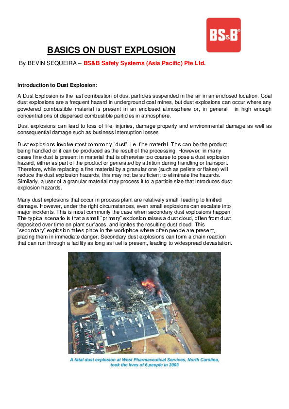 (PDF) BASICS ON DUST EXPLOSION By BEVIN SEQUEIRA BS&B Safety Systems