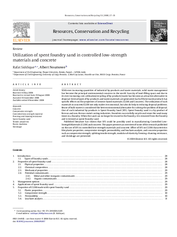 (PDF) Utilization of spent foundry sand in controlled lowstrength