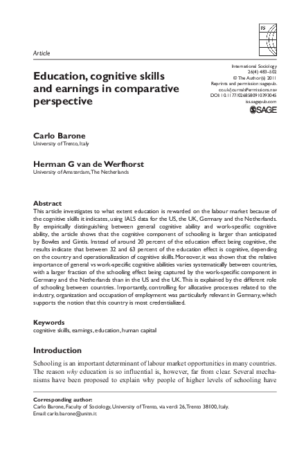 (PDF) Education, cognitive skills and earnings in comparative perspective