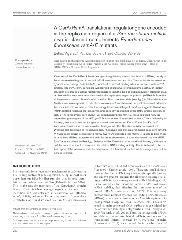 (PDF) A CsrA/RsmA translational regulator gene encoded in the ...