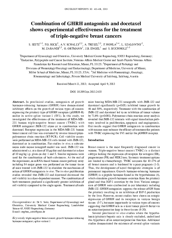 (PDF) Combination of GHRH antagonists and docetaxel shows experimental ...