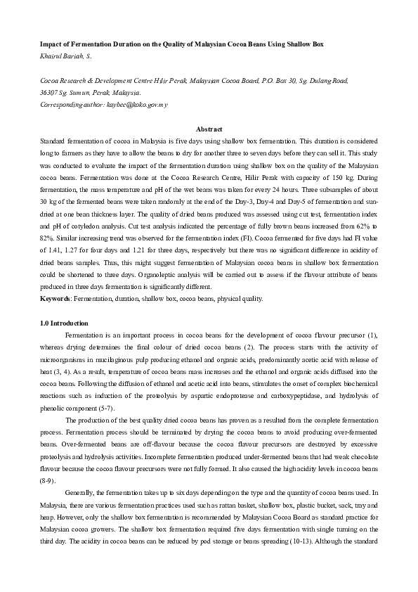 (DOC) Impact of Fermentation Duration on the Quality of Malaysian Cocoa ...