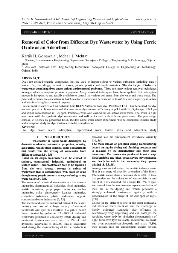 (PDF) Removal of Color from Different Dye Wastewater by Using Ferric ...
