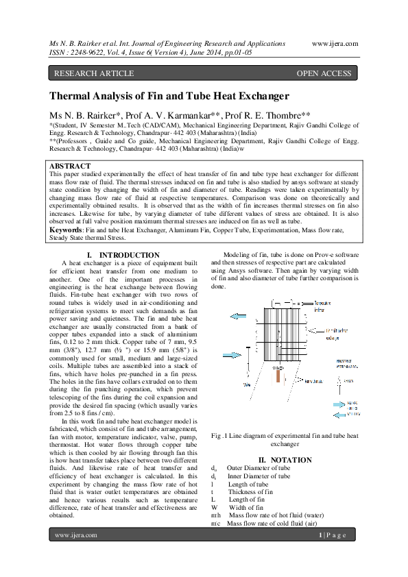 (PDF) Thermal Analysis of Fin and Tube Heat Exchanger