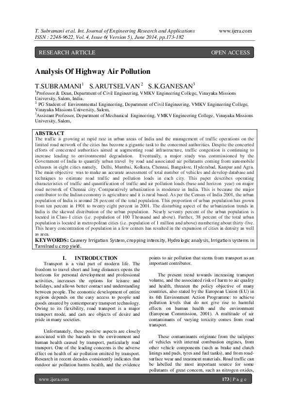 (PDF) Analysis Of Highway Air Pollution IJERA Journal Academia.edu