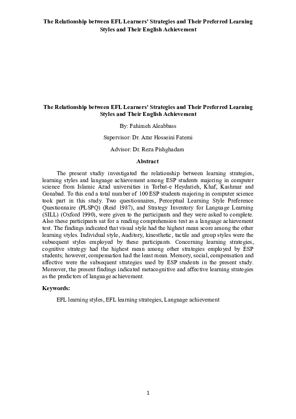 (DOC) The Relationship between EFL Learners' Strategies and Their ...