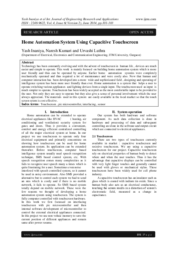 (PDF) Home Automation System Using Capacitive Touchscreen IJERA