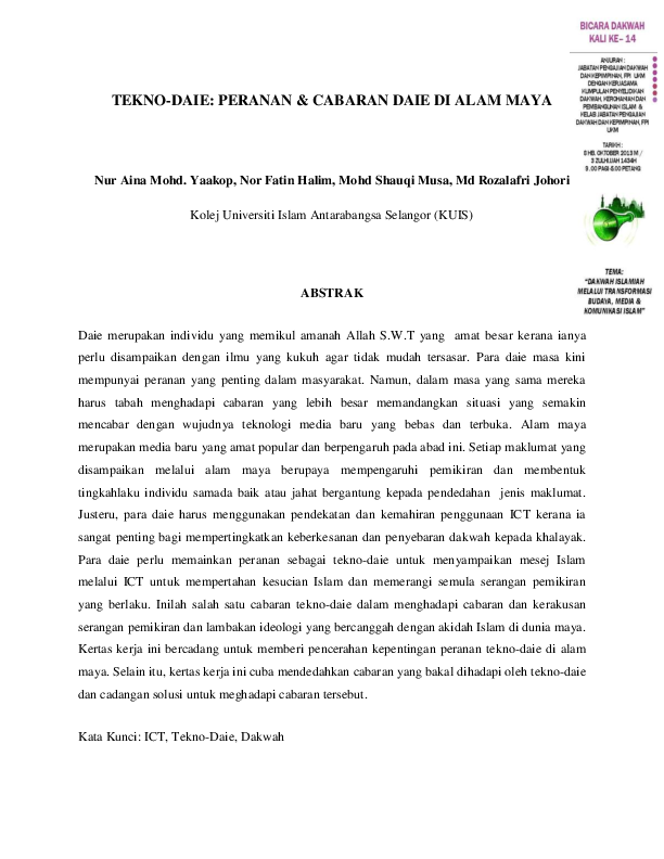 Pdf Tekno Daie Peranan Cabaran Daie Di Alam Maya Rozalafri Johori Academia Edu