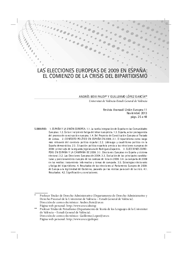 LAS ELECCIONES EUROPEAS DE 2009 EN ESPAÑA EL COMIENZO DE LA CRISIS DEL