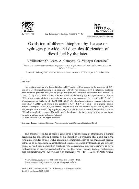 Oxidation of dibenzothiophene by laccase or hydrogen peroxide and deep ...
