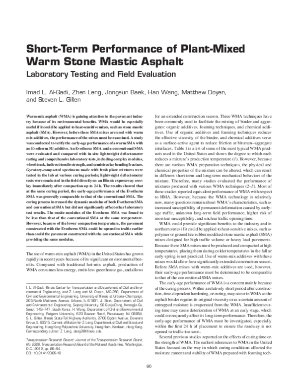 (PDF) ShortTerm Performance of PlantMixed Warm Stone Mastic Asphalt Laboratory Testing and