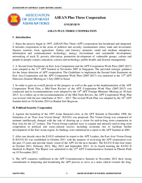 (PDF) ASEAN PLUS THREE COOPERATION ( COMPILED BY DAVITH CHEA )