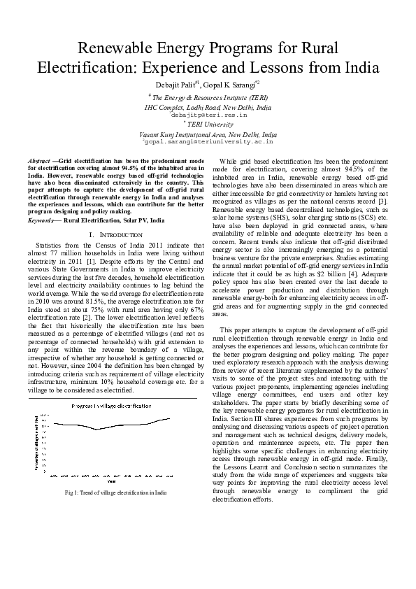 (PDF) Renewable Energy Programs for Rural Electrification: Experience ...