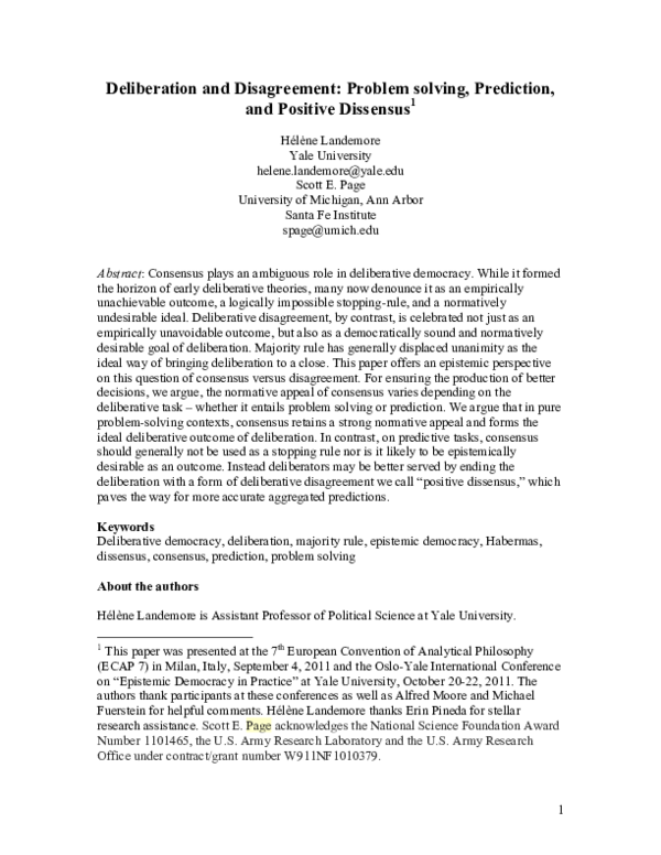 (PDF) Deliberation and disagreement: Problem solving, prediction, and ...