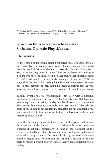 (PDF) Sexism in Ediriweera Sarachchandra's Sinhalese Operatic Play, Maname