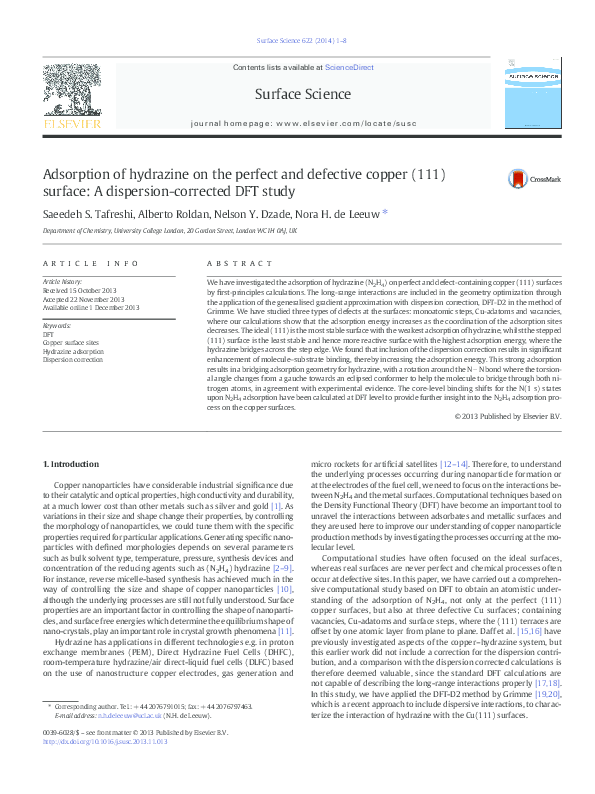 (PDF) Adsorption of hydrazine on the perfect and defective copper (111 ...
