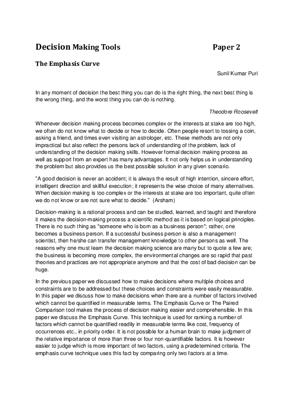 (DOC) Decision Making Tools Paper 2 The Emphasis Curve