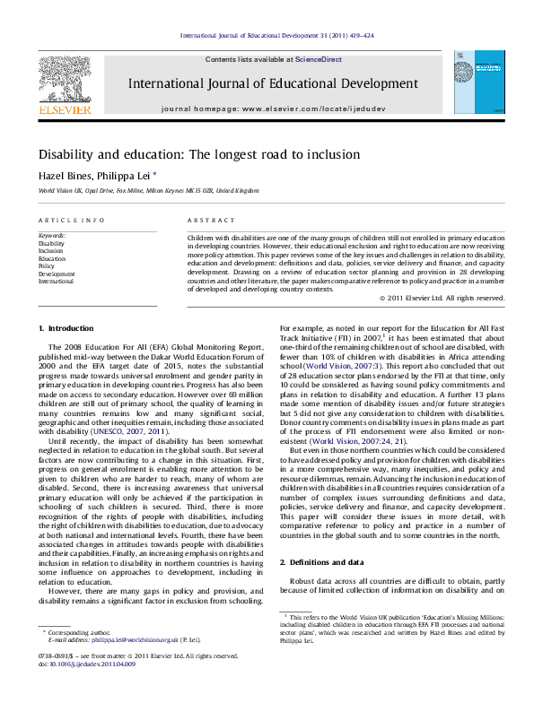 (PDF) Disability and education: The longest road to inclusion