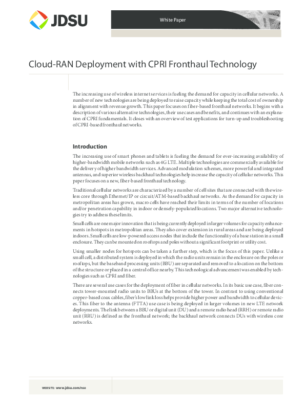 (PDF) White Paper Cloud-RAN Deployment with CPRI Fronthaul Technology