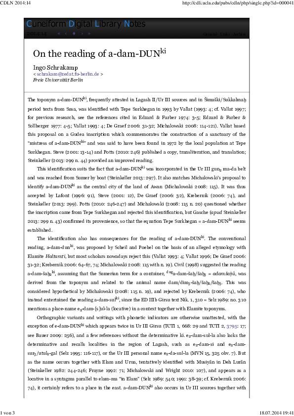 On the reading of adamDUN.ki, in Cuneiform Digital Library Notes