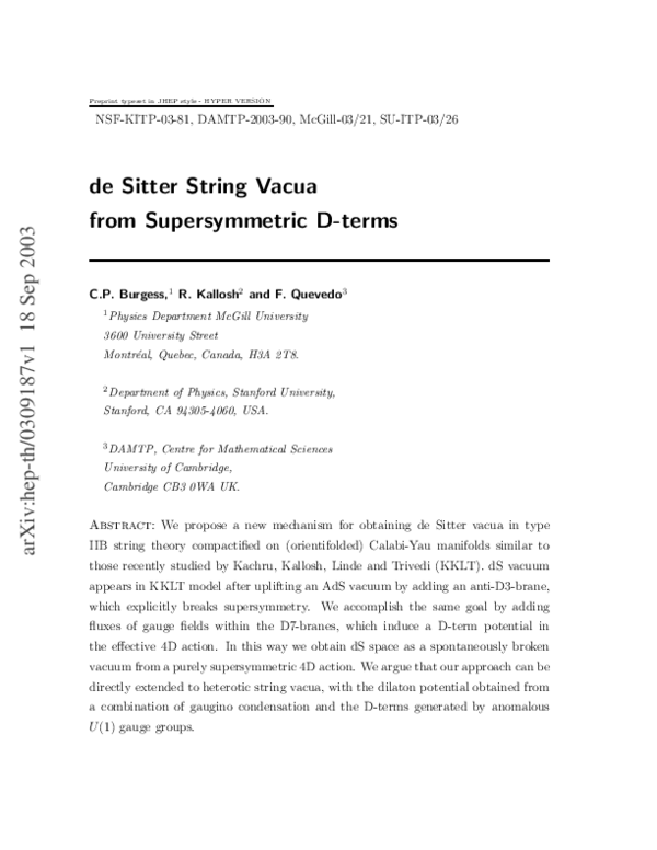 (PDF) De Sitter string vacua from supersymmetric D-terms