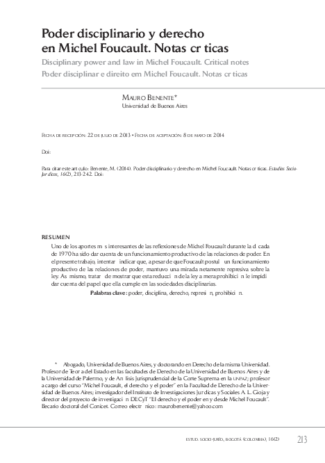 (PDF) Poder Disciplinario y Derecho en Michel Foucault. Notas Críticas ...