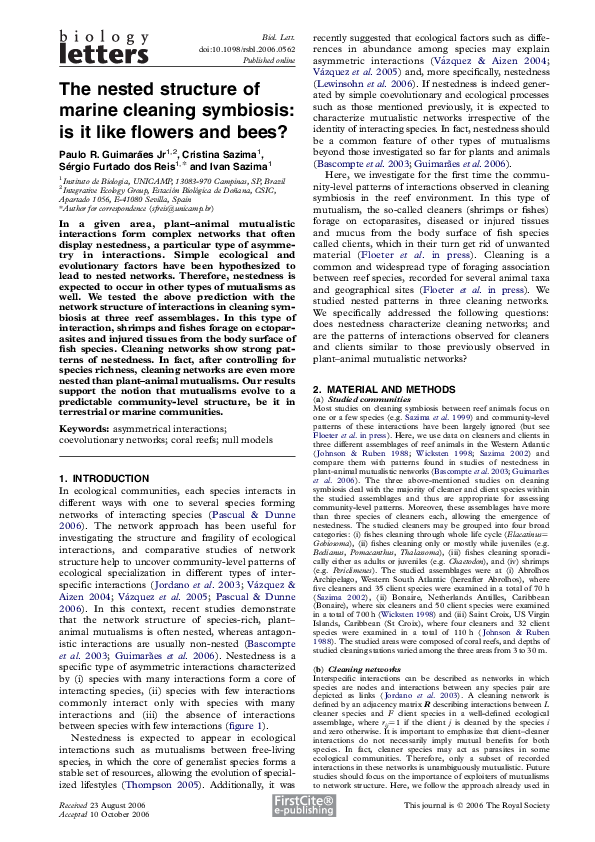(PDF) The nested structure of marine cleaning symbiosis is it like