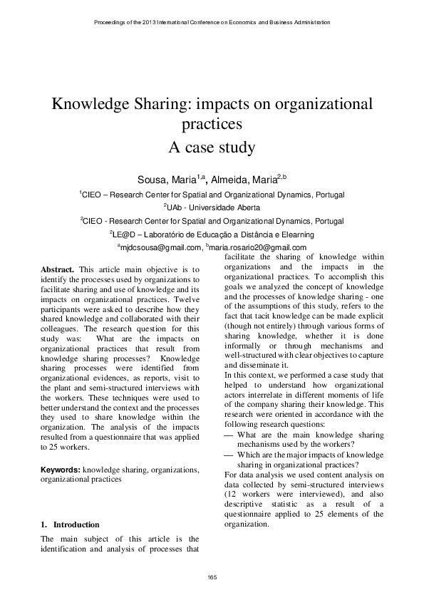 (PDF) Knowledge Sharing: Impacts on Organizational Practices ‐ A Case Study