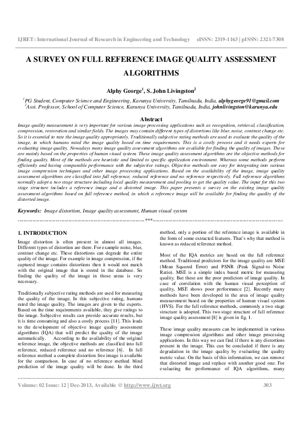 (PDF) A SURVEY ON FULL REFERENCE IMAGE QUALITY ASSESSMENT ALGORITHMS