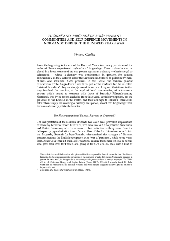 TUCHINS AND 'BRIGANDS DE BOIS': PEASANT COMMUNITIES AND SELF-DEFENCE MOVEMENTS IN NORMANDY DURING THE HUNDRED YEARS WAR