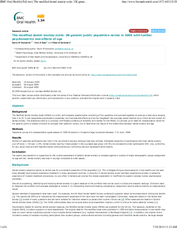 (PDF) BMC Oral Health Full text The modified dental anxiety scale