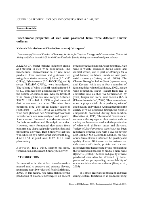 (PDF) Biochemical properties of rice wine produced from three different